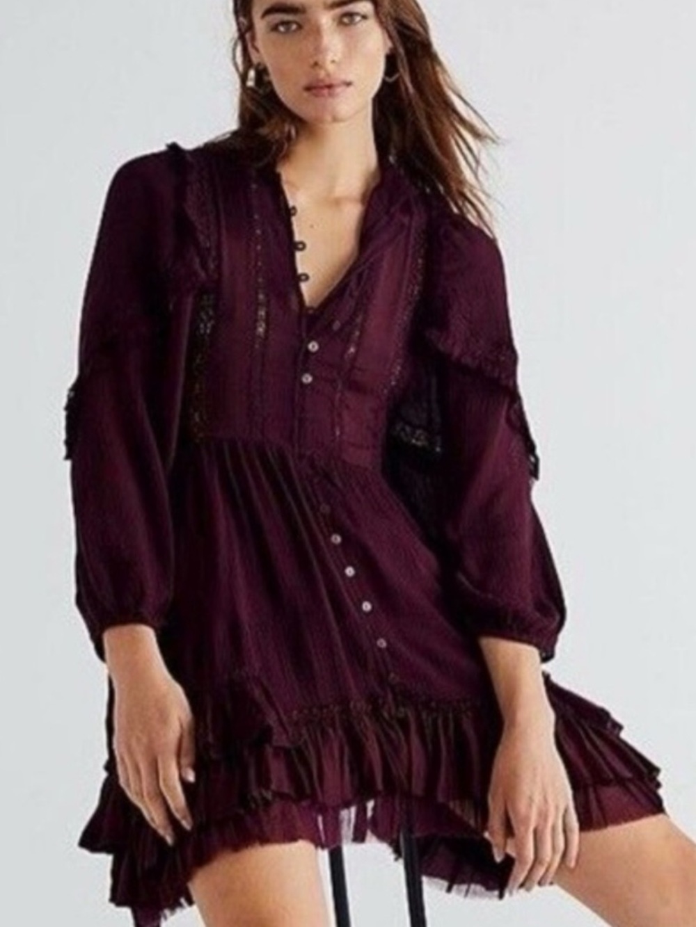Free People Ambrosia Dress Large L Grapesicle Maroon Ruffle Mini Dress